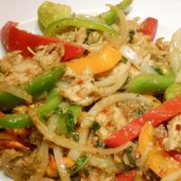 Stir Fried Vegan Chicken · Wok fried with lemongrass, bell peppers and onions.