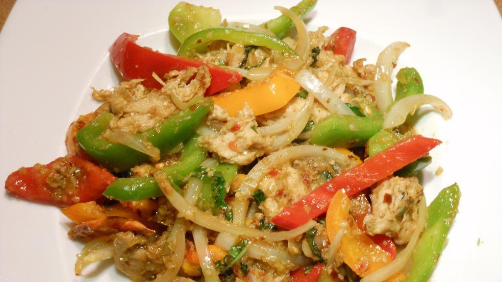 Stir Fried Vegan Chicken · Wok fried with lemongrass, bell peppers and onions.