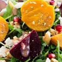 Roasted Beet Salad · Red beets, organic greens, arugula, red onions, candied walnuts and goat cheese served with ...