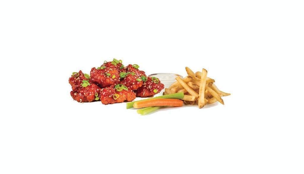 10 Boneless Wing Combo  · 10 boneless wings, choice of 2 flavors, 2 house-made sauces, fries, and carrots and celery.