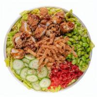 Katsu Salad · Shredded green cabbage, cucumber, edamame, red pickled daikon, crispy wonton strips, green o...