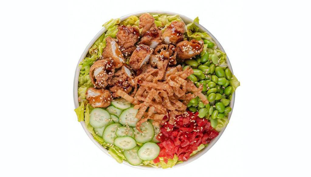 Katsu Salad · Shredded green cabbage, cucumber, edamame, red pickled daikon, crispy wonton strips, green onions, sesame seeds, katsu sauce, Creamy Ginger Dressing.