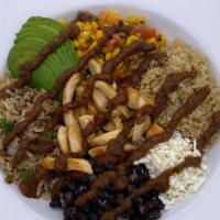Southwest Power Bowl · Quinoa brown rice pilaf, black beans, corn salsa, avocado, queso fresco and chipotle pesto d...