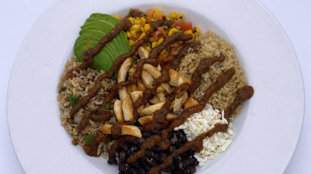 Southwest Power Bowl · quinoa brown rice pilaf, black beans, roasted corn salsa, avocado, queso fresco and chipotle pesto drizzle