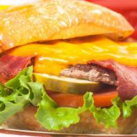 Redwood Burger · Topped with turkey bacon and cheddar cheese.