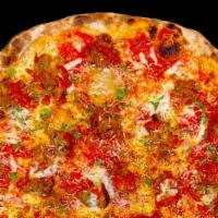 Meatball Pizza · Tomato Sauce, House Made Meatballs, Provolone, Ricotta, Roasted Garlic, Calabrian Chili Past...