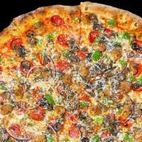 A Love Supreme · Tomato Sauce, Mozzarella, Pepperoni, Sausage, Black Olives, Mushrooms, Green Bell Peppers, R...