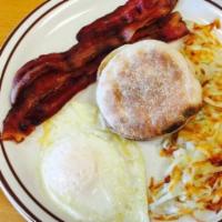 Bacon & Eggs · served with hash browns and choice of buttered toast.