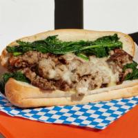 South Philly Cheesesteak · Sliced ribeye steak, provolone cheese, broccoli rabe, hoagie roll.