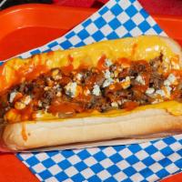 Buffalo Cheesesteak · Sliced ribeye steak, grilled onions, buffalo sauce, blue cheese, hoagie roll.