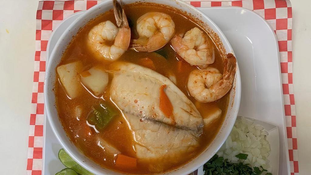 Caldo Mixto · Stew mix with shrimp, and fish, carrot, pumpkin, corn, potatoes, and cilantro, served with rice, and 3 hand made corn tortillas or 2 flour tortillas, 32oz.