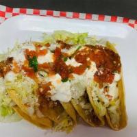 4 Tacos Dorados · Choose a meat, Lettuce, sour cream, cheese, and pico de gallo.