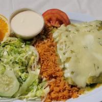 3 Enchiladas Plate · green or red, salad, chicken-beef, cheese, rice, beans and salsa.
