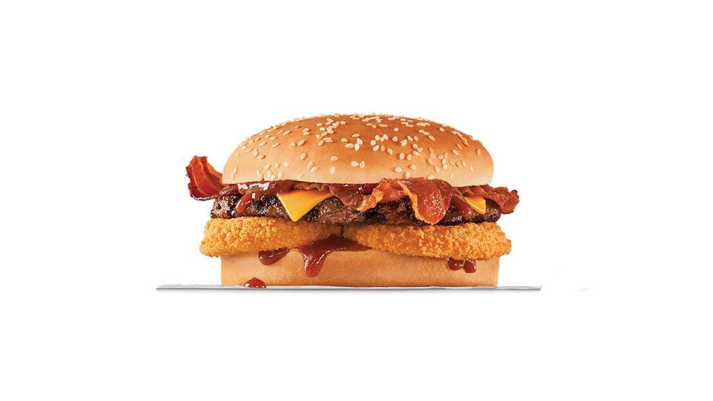 Western Bacon Cheeseburger · Charbroiled All-Beef Patty, Two Strips of Bacon, Melted American Cheese, Two Crispy Onion Rings and Tangy BBQ Sauce on a seeded bun.