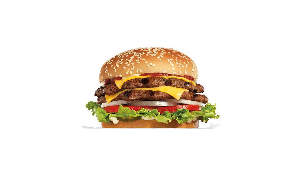 Super Star® With Cheese · Two char-broiled all-beef patties, two slices of melted American cheese, lettuce, tomato, sliced onions, dill pickles, special sauce, and mayonnaise on a seeded bun.