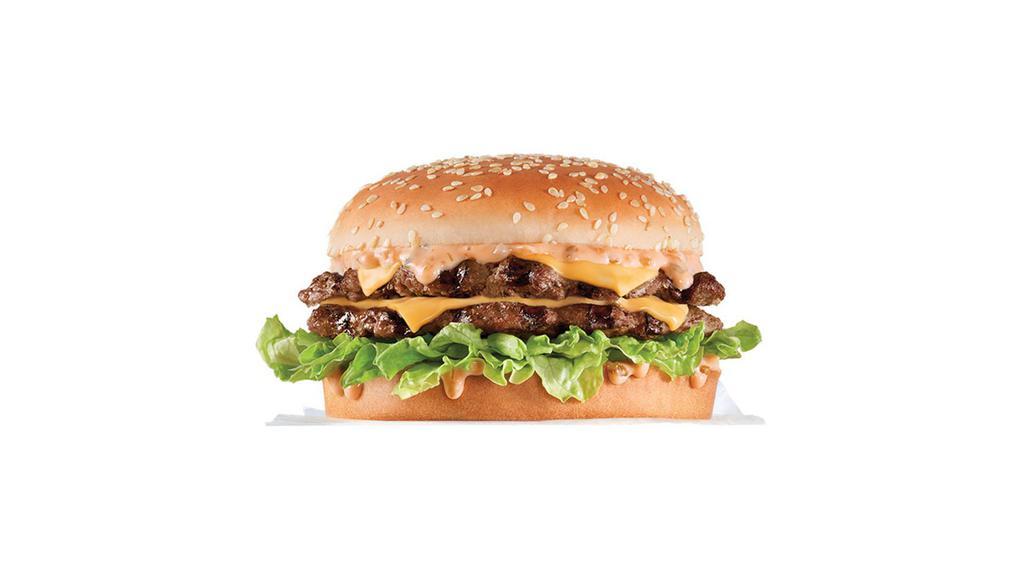 The Big Carl® · Two char-broiled all-beef patties, our classic sauce, two slices of American cheese, and lettuce all on a seeded bun.