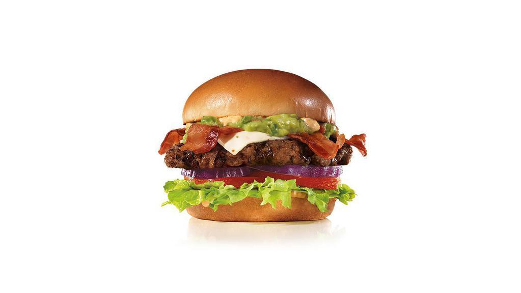 Guac Bacon Thickburger (1/3 Lb.) · Potato  bun, santa fe sauce, fresh guacamole, bacon, pepperjack cheese, lettuce, tomato, red onion.
