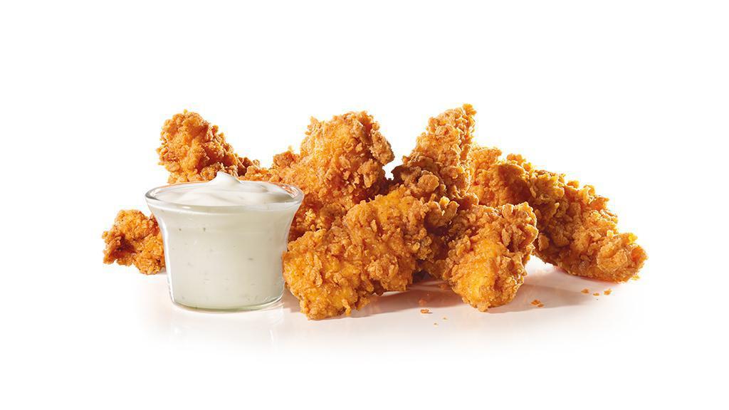 Hand-Breaded Chicken Tenders™ (5 Pieces) · Premium, all-white meat chicken, hand dipped in buttermilk, lightly breaded, and fried to a golden brown. Served with a choice of dipping sauce.