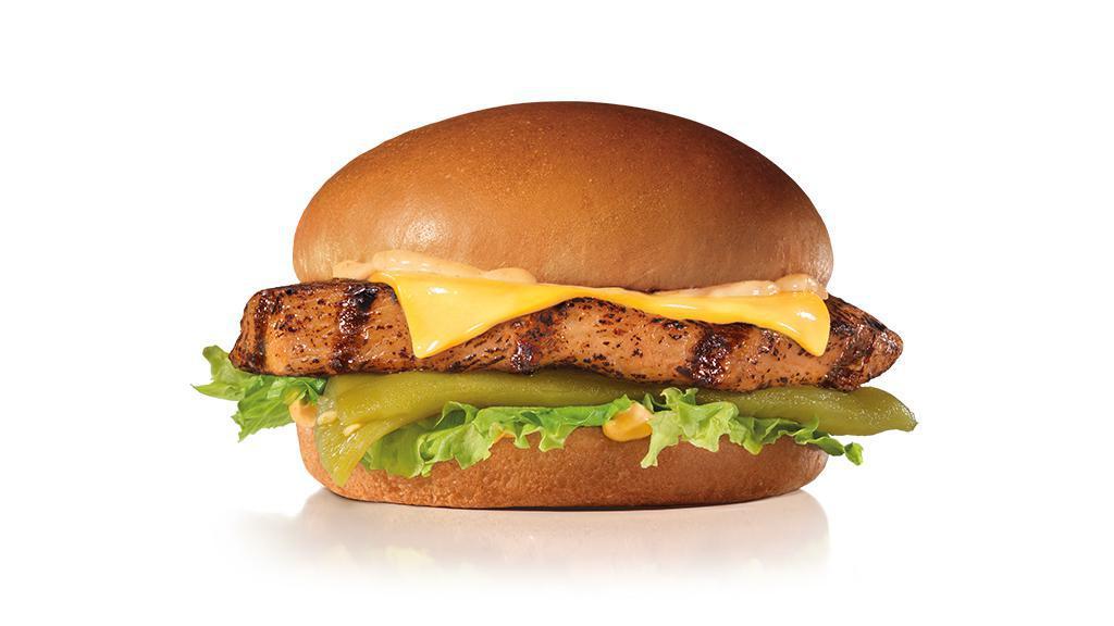 Char-Broiled Santa Fe Chicken Sandwich · Charbroiled Chicken Breast, Melted American Cheese, Mild Green Chile, Lettuce and Santa Fe Sauce on a Honey Wheat Bun.