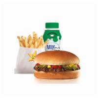 Hamburger Kid'S Meal · Charbroiled all-beef patty topped with dill pickles, ketchup and mustard on a plain bun. Ser...
