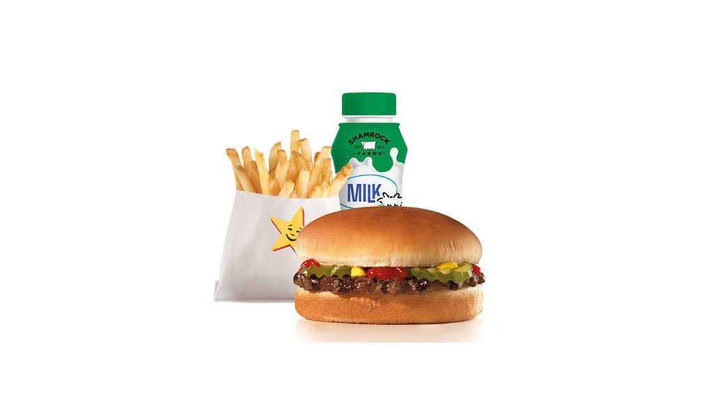 Hamburger Kid'S Meal · Charbroiled all-beef patty topped with dill pickles, ketchup and mustard on a plain bun. Served with kid's drink and kid's fry.