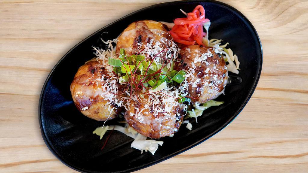 Takoyaki* · Japanese Battered Octopus Ball, Takoyaki Sauce, Mayo, Seaweed, Bonito Flakes.
*Consuming raw or undercooked foods origin increase the risk of food borne illnesses. Individuals with certain health conditions may be at higher risk if these ingredients are consumed raw or undercooked.