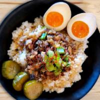 Minced Chashu Bowl · Pork Chashu Over Steamed Rice, Marinated Egg, Green Onion, Sweet Pickled Cucumber.