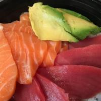 Blossom Chirashi Bowl · Sliced Tuna, Salmon with Avocado & Tobiko Over Sushi Rice
