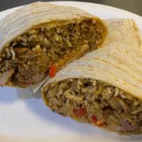 Chipotle Chicken Hot Wrap · Marinaded Chicken, Red Bell Peppers, Onions, Chipotle Sauce on White Rice, Cheddar Cheese, S...