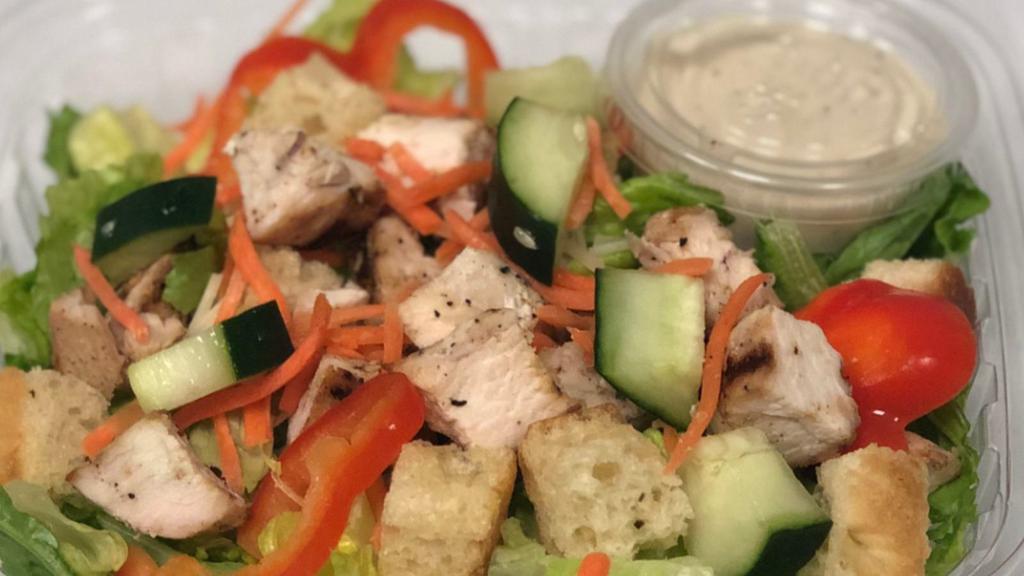 Grilled Chicken Salad (Design Your Own Salad) · Grilled chicken, any 3 mix-ins, cheese, greens, dressing.