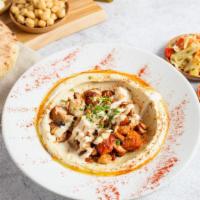Hummus Chicken · Hummus with spiced and chopped chicken thigh and tahini (gf)