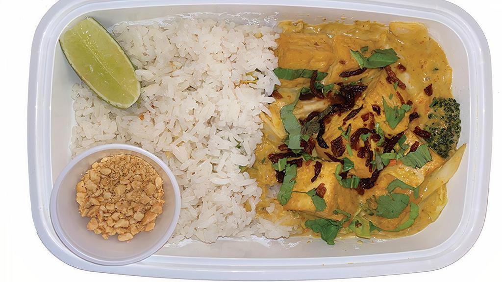 Tofu Yellow Curry · Organic Tofu & Vegetables, Fresh Herbs, Lime & Fried Shallots served over Steamed Jasmine Rice. Peanuts provided on the side.