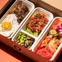 Pacific Boxes | Korean · grilled skirt steak, kimchi fried rice, sunny-side egg, Korean ahi poke, wonton chips, spicy...