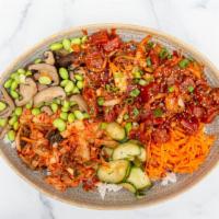 Bibimbap | Korean Poke · spicy cucumber banchan, kimchi, pickled carrot, shiitake mushrooms, edamame, gochujang soy-c...