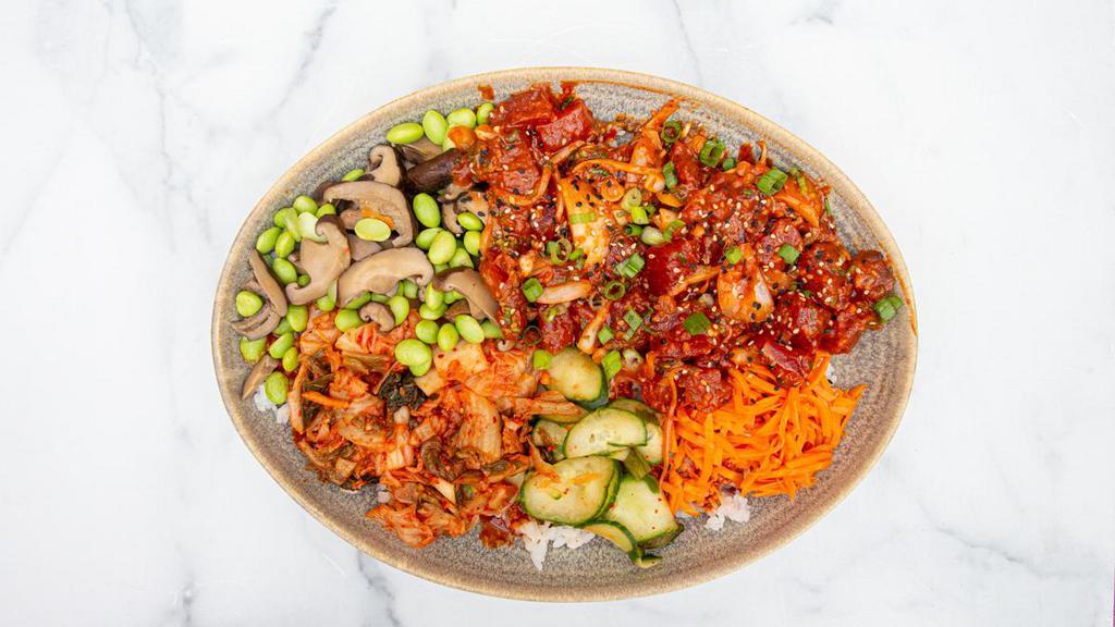 Bibimbap | Korean Poke · spicy cucumber banchan, kimchi, pickled carrot, shiitake mushrooms, edamame, gochujang soy-chili sauce. Base: sushi rice