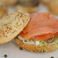 12. Lox Bagel · Plain cream cheese, smoked salmon, red onions, tomatoes, and sprouts.