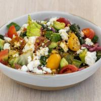 Israeli Salad · Lemon vinaigrette, Persian cucumber, tomato, toasted pistachios, feta cheese. Romaine/Kale Mix
