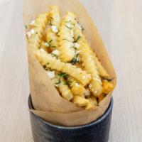 House Fries · Drizzled with lemon juice & EVOO, feta, parsley