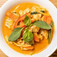 Red Curry · Green curry, coconut milk, green bean, carrot, zucchini, bamboo shoot, red bell pepper, jala...