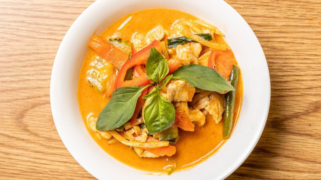 Red Curry · Spicy. green curry, coconut milk, green bean, carrot, zucchini, bamboo shoot, red bell pepper, jalapeno, thai basil.
