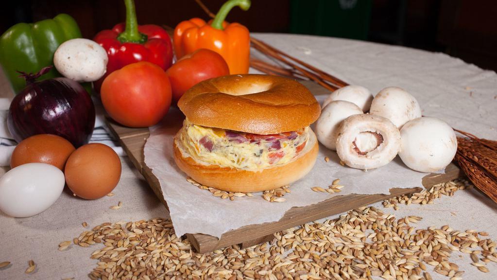 Vegetarian Eggwich · Egg, mushroom, tomato, onion, and bell pepper.