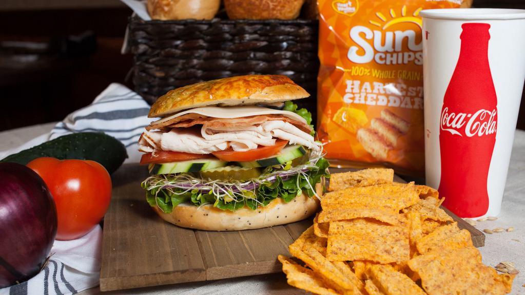 California Club - Roll · Turkey, Bacon, and choice of cheese with mayo, mustard, lettuce, pickles, tomatoes, peppers, onions, sprouts and cucumbers.
Roll Choices: Dutch Crunch, Plain, Sesame, Asiago.
Cheese Choice: American, Cheddar, Swiss, Provolone, Monterey Jack, Pepper Jack.