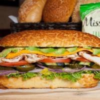 BSC Club Bagel · Turkey, cheese and avocado with mayo, mustard, lettuce, pickles, tomatoes, peppers, onions, ...