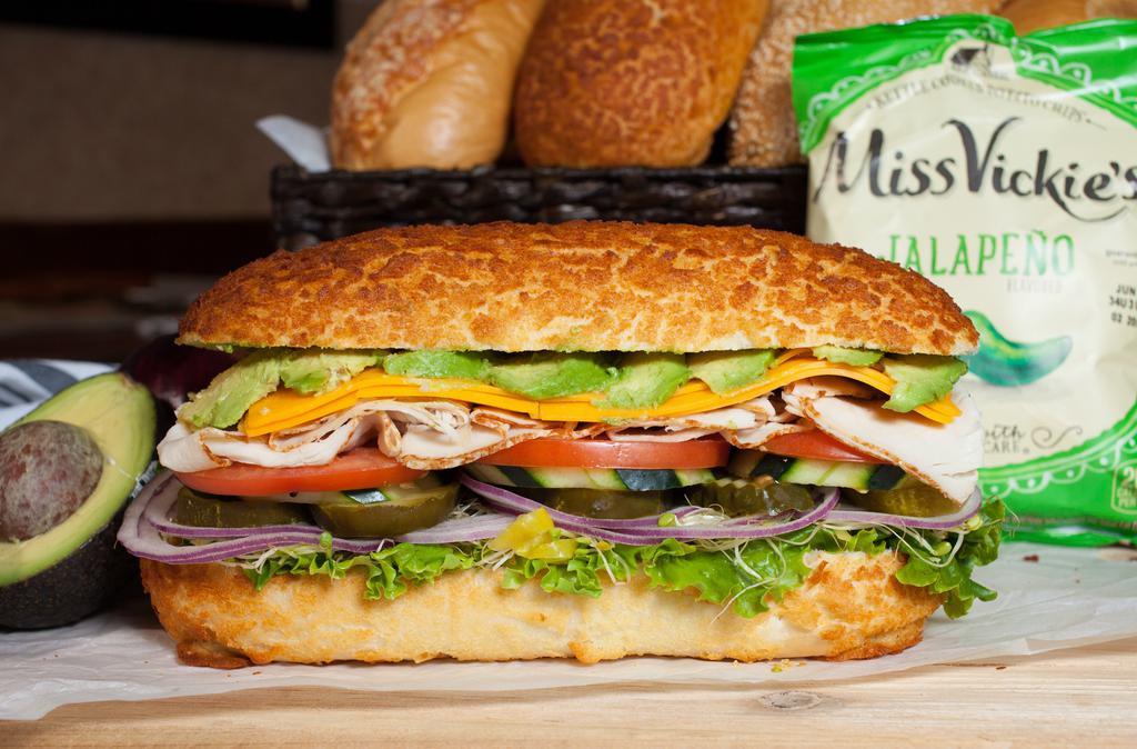 BSC Club Bagel · Turkey, cheese and avocado with mayo, mustard, lettuce, pickles, tomatoes, peppers, onions, sprouts and cucumbers.
Cheese choice of American, Cheddar, Swiss, Provolone, Monterey Jack, Pepper Jack.