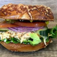 Chicken Salad Sandwich Lunch · Bagel with our homemade chicken salad. Comes with mayo, mustard, lettuce, tomato, onion, cuc...