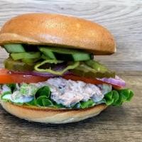 Tuna Salad Sandwich Lunch · Bagel with our home-made tuna salad. Comes with mayo, mustard, lettuce, tomato, onion, cucum...