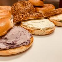 Bagel with Flavored Cream Cheese · Bagel toasted with flavored cream cheese. Cream cheese in picture is Blueberry Cream Cheese.