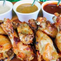 APPLEWOOD SMOKED & GRILLED CHICKEN WINGS · Organic Chicken Wings, Alabama White Sauce, House Ranch, Celery & Carrots