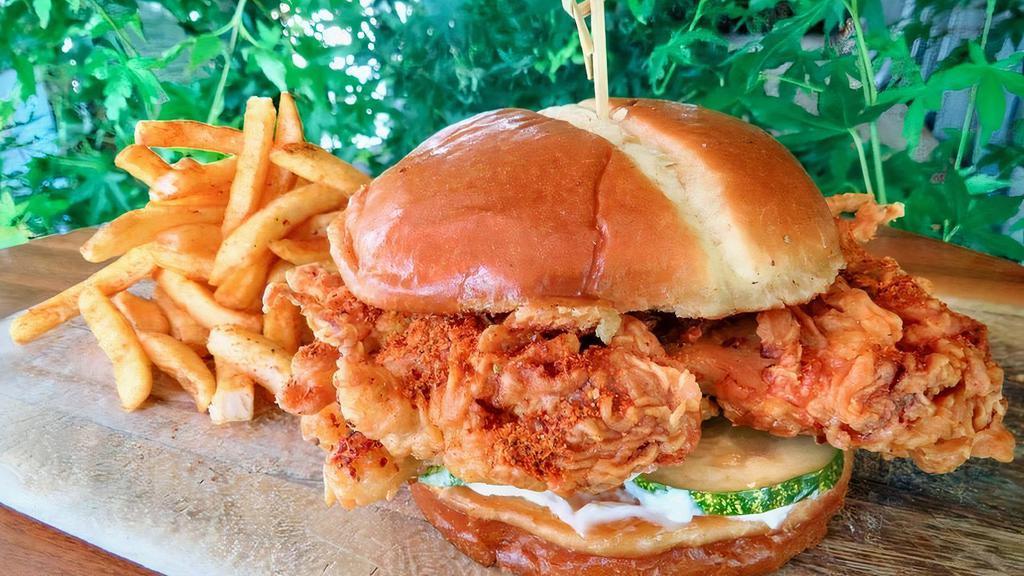 RED HOT FRIED CHICKEN SANDWICH · Spicy Mayo, Lettuce & Pickles