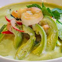 Avocado Green Curry · Medium spicy. Green curry tastes better with fresh avocado, zucchini, bell pepper, and basil.
